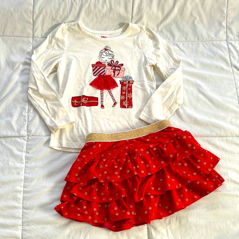Christmas Long Sleeve Little Girls Shirt and Skirt Set. Size 5